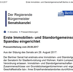 Pressemitteilung der Senatsverwaltung für Stadtentwicklung und Wohnen 30.08.2017: 